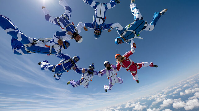 Skydivers forming two linked circles in freefall, extreme teamwork and trust activity concept, defocused sky background, with copy space