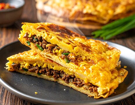 Traditional Indonesian Martabak Telur, Savory Fried Pancake Stuffed with Minced Meat and Eggs"