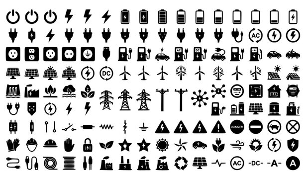Mega electricity and green energy glyph icon set with battery charging symbols electric vehicle stations power plugs wind turbines and solar panels