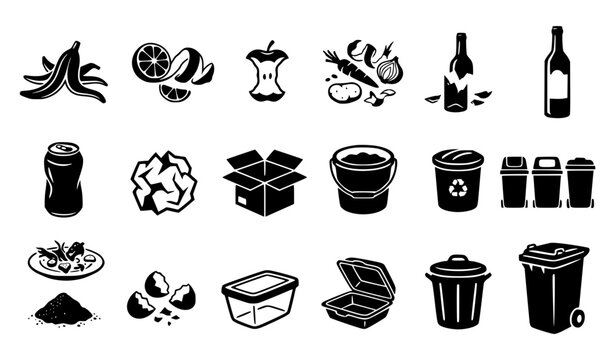 Garbage classification and recycling icon set with organic compost food scraps crumpled paper cardboard boxes plastic containers and domestic trash wheelie bins