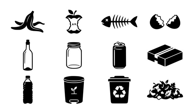 Waste sorting and recycling icon set with organic compost food scraps glass bottles plastic cans cardboard boxes and eco trash bin symbols