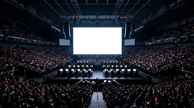 Massive auditorium screen stage with audience at esports tournament or conference