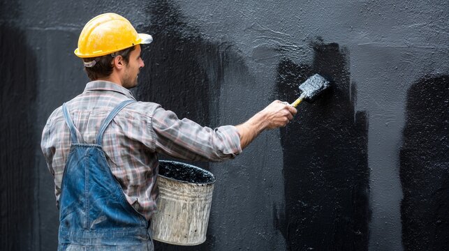 Worker applying black waterproofing compound to basement wall with brush and bucket, hardhat, overalls, brush, bucket, wet coating showing protective seal.