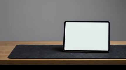 Fototapeta premium Laptop with blank white screen on wooden desk with dark mat, gray background, mockup for web design and business presentations.