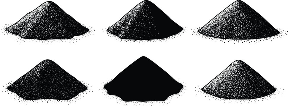 Cornmeal powder pile vector illustration set featuring stipple textured heaps and black silhouettes for organic maize flour baking cooking packaging design