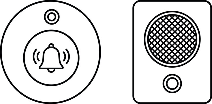 Minimalist black and white illustration showing ringing bell notification symbol alongside rectangular speaker intercom device for communication and alerts