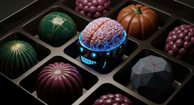 A futuristic robotic pumpkin sits among various colorful decorative pumpkins and gourds in a metallic tray.