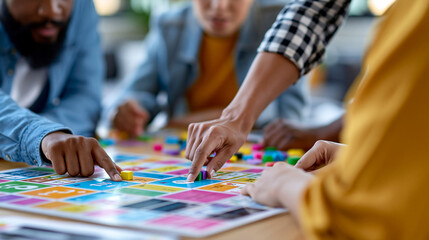 Fototapeta premium Anonymous colleagues playing a collaborative board game at a corporate team building retreat, strategy games and professional bonding concept, faceless, defocused casual indoor