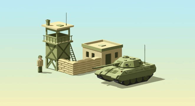 Isometric Military Base with Tank and Watchtower