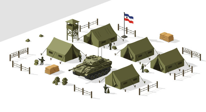 Isometric Military Camp Scene with Tank and Tents, Vector Illustration