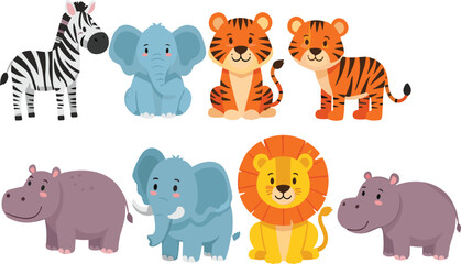 Fototapeta premium Cute cartoon animal collection vector illustration featuring jungle wildlife, safari creatures, birds, insects, and adorable zoo character design set