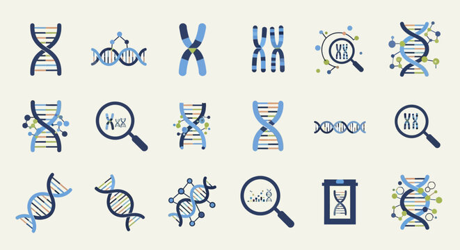 A collection of flat vector icons representing genetic research and biology concepts
