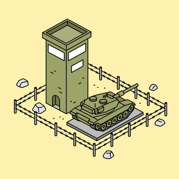 Isometric illustration of military outpost with tank and guard tower.