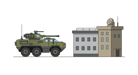 Fototapeta premium Military Armored Vehicle Beside Building Illustration