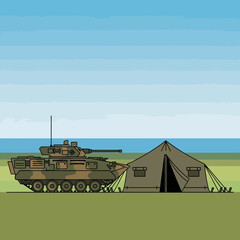 Fototapeta premium Military armored vehicle beside a camouflaged tent in a grassy field with blue sky
