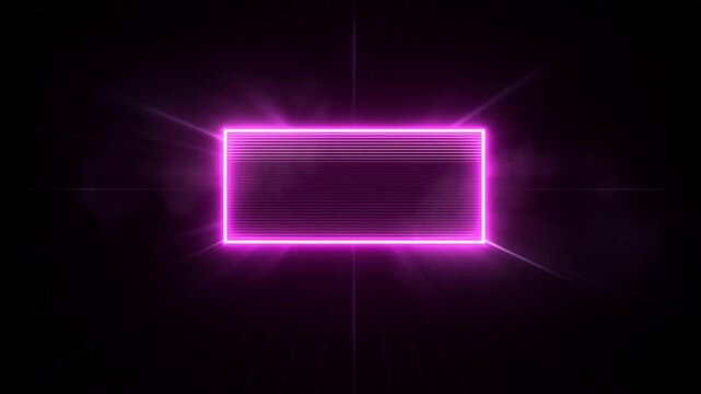Static shot of glowing neon rectangle pulsing with horizontal scan lines and smoky haze in dark studio center frame