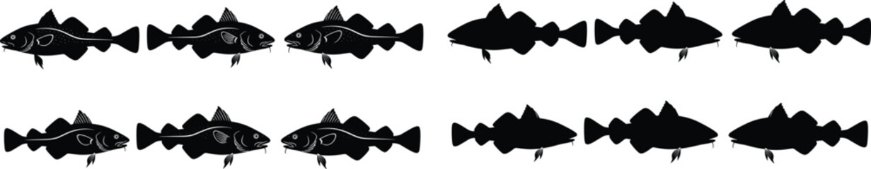 Fototapeta premium Cod fish silhouette vector illustration set with detailed shapes for commercial fishing seafood market restaurant menu graphic design element