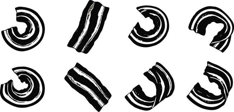 Crispy curved bacon strips vector illustration set with round rolled slices for breakfast restaurant menu culinary graphic design element