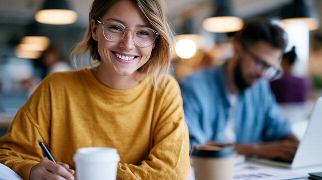 Anonymous creative woman in glasses smiling during team building discussion, vision and editorial collaboration concept in a business agency, faceless, defocused workspace, with