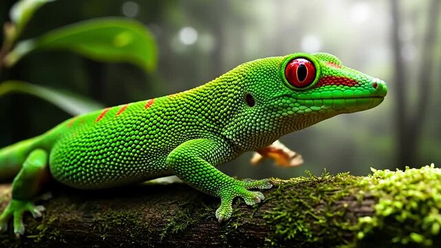 A vibrant green gecko with striking red eyes perched on a mossy branch.