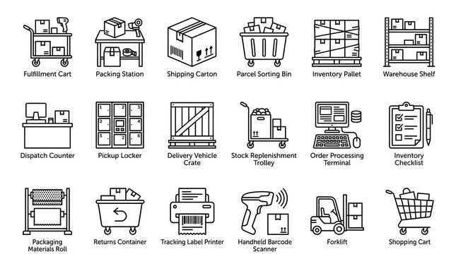 Logistics and Warehouse Icons Set: A comprehensive collection of line art icons depicting various essential elements of logistics, warehousing, and shipping operations, including fulfillment carts.
