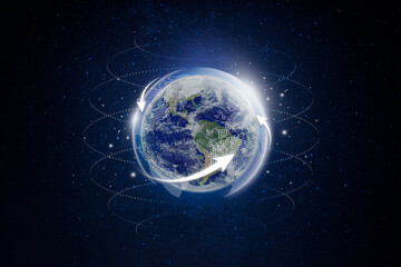 Fototapeta premium Glowing digital Earth with orbiting arrows and data lines in space
