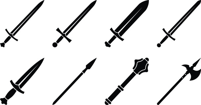 Black Silhouette Collection of Medieval Weapons Including Swords, Dagger, Spear, Mace, and Halberd