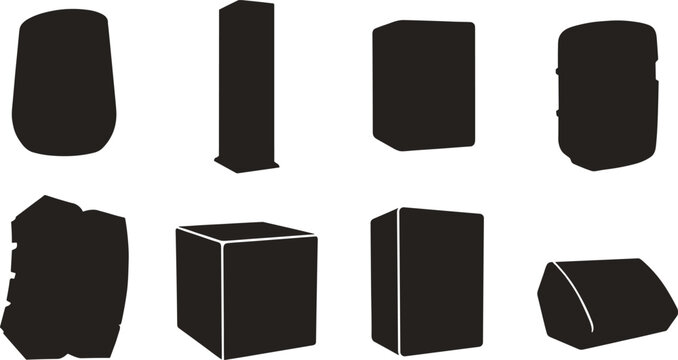 Black silhouette collection of three‑dimensional geometric shapes including cube, prism, cylinder, and capsule forms