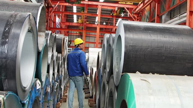 Male worker with safety clothing and helmet walking to inspect large metal tubes in industrial site. Engineering staff working at manufacturing factory. Inspector checks the quality of metal product.