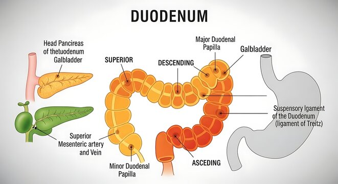 Human digestive system duodenum anatomy diagram labeled.