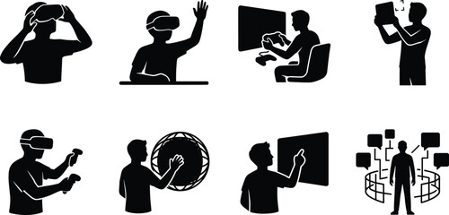Black Silhouette Icons of Virtual and Augmented Reality Users with Headsets, Controllers, and Interactive Interfaces © Abujh