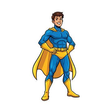 Cartoon Superhero Standing Proudly in Blue and Yellow Costume.