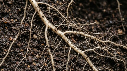 Fototapeta premium Close-up View of Intricate Plant Root System Spreading Through Dark Fertile Soil Ground Texture
