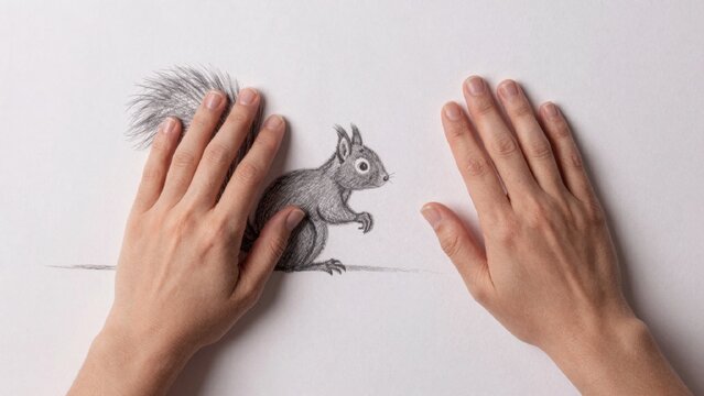 Drawing squirrel held hands either side black white background paper plain drawing squirrel held hands. hands