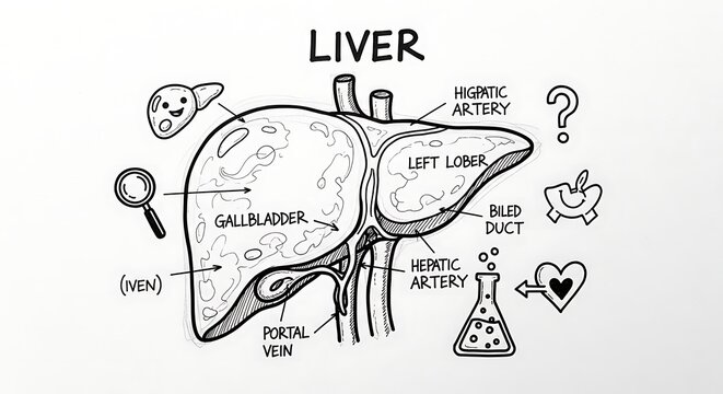 Human liver anatomy diagram with gallbladder and bile ducts.