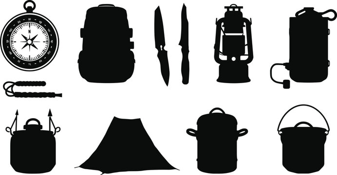 Black silhouette vector illustrations of camping and outdoor gear including backpack, tent, lantern, and cooking tools
