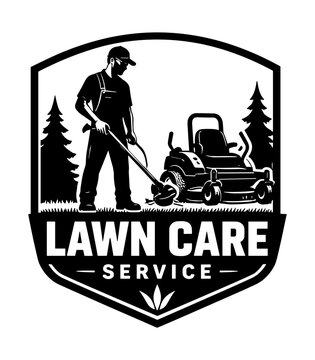 Lawn Care Service Logo: A stylized emblem showcases a worker with a trimmer beside a riding mower, surrounded by evergreen trees, signifying professional lawn maintenance.