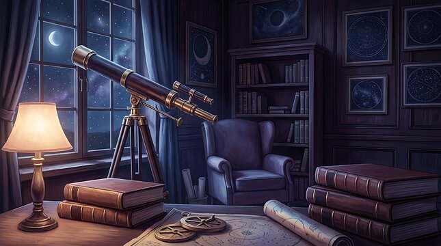 Antique telescope in a cozy study overlooking the starry night sky