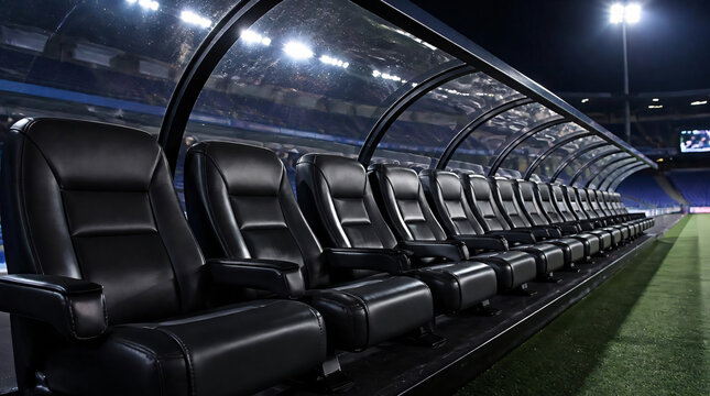 Row substitutes seats on the sidelines are illuminated by floodlights.