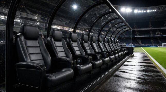 Row substitutes seats on the sidelines are illuminated by floodlights.