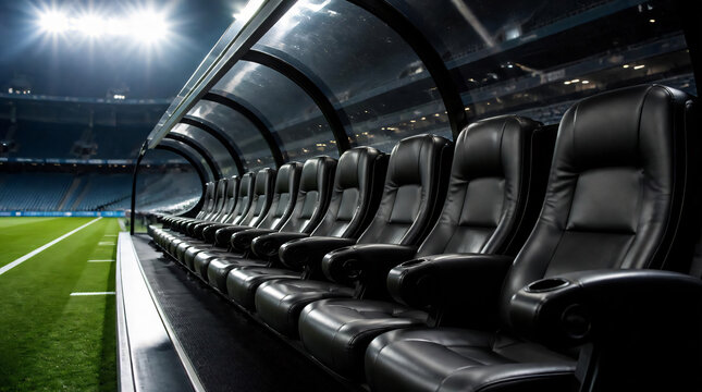 Row substitutes seats on the sidelines are illuminated by floodlights.