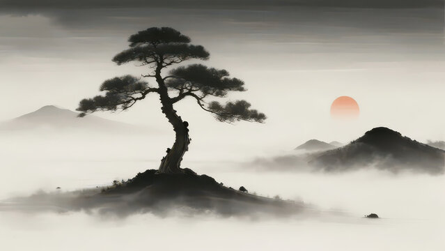 Freehand ink painting of lone pine on hill, mist layered distant mountains and lake, vast tranquil blank space, elegant oriental landscape art material.