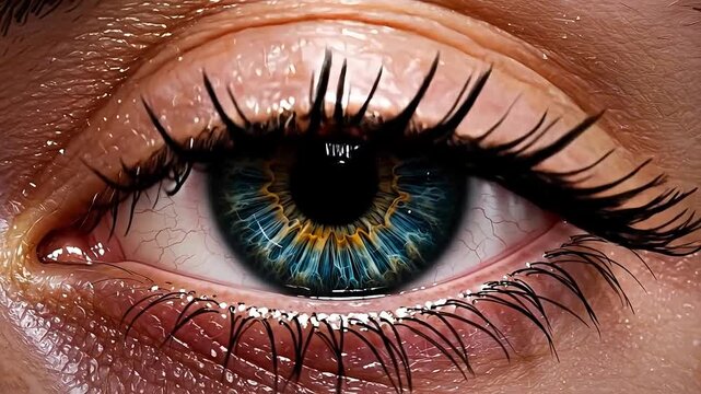 Extreme close-up of a blue and brown human eye with detailed iris and lashes.