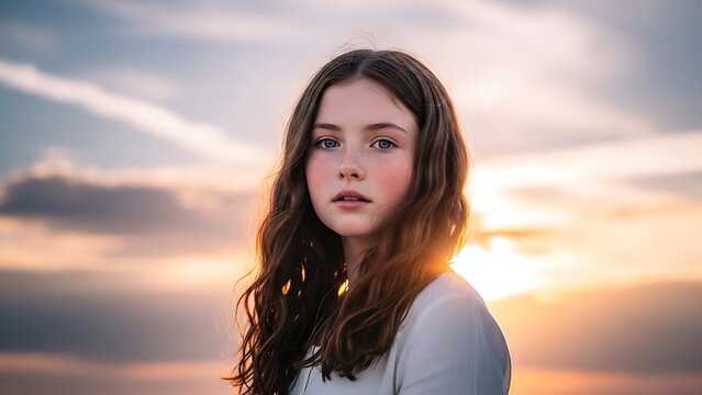Young woman with long dark hair in contemplation outdoors.
