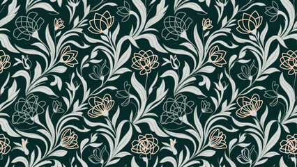 Fototapeta premium Seamless floral pattern with white botanical motifs and gold outlines on a teal background, ideal for wallpaper, fabric, and graphic design projects