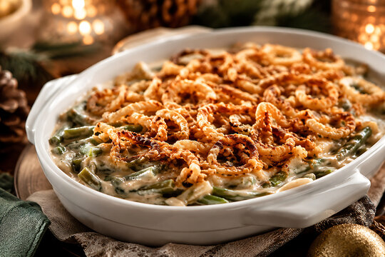 Green bean casserole with crispy onions  modern holiday food ad style 