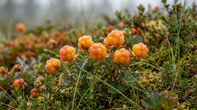 Ripe orange cloudberries growing on green moss in the wild tundra