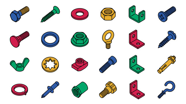 Isometric set of colorful hardware fasteners including bolts nuts screws washers and metal brackets on white background, illustrating industrial construction components, provides technical assets