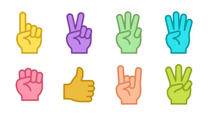 Fototapeta premium Collection of colorful flat hand gesture icons showing finger counting and symbolic signs on white background, representing non-verbal communication and provides educational visual assets