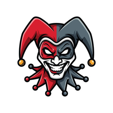 Evil jester mask with split red and black colors for mascot design.